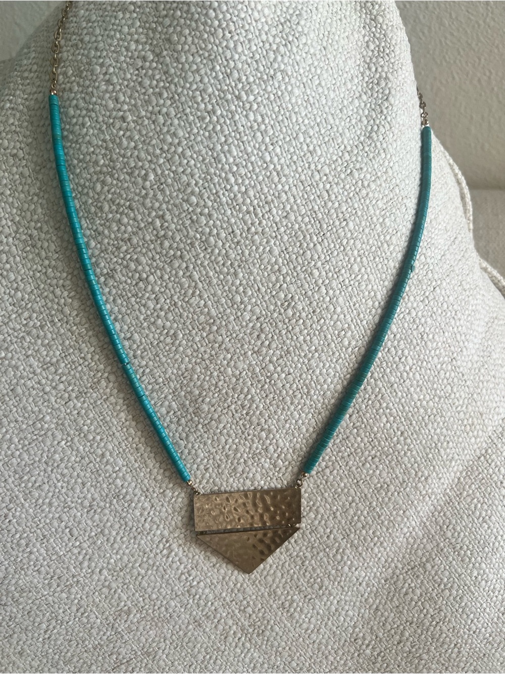 Turquoise colored Beaded Necklace with Hammered Gold Pendant